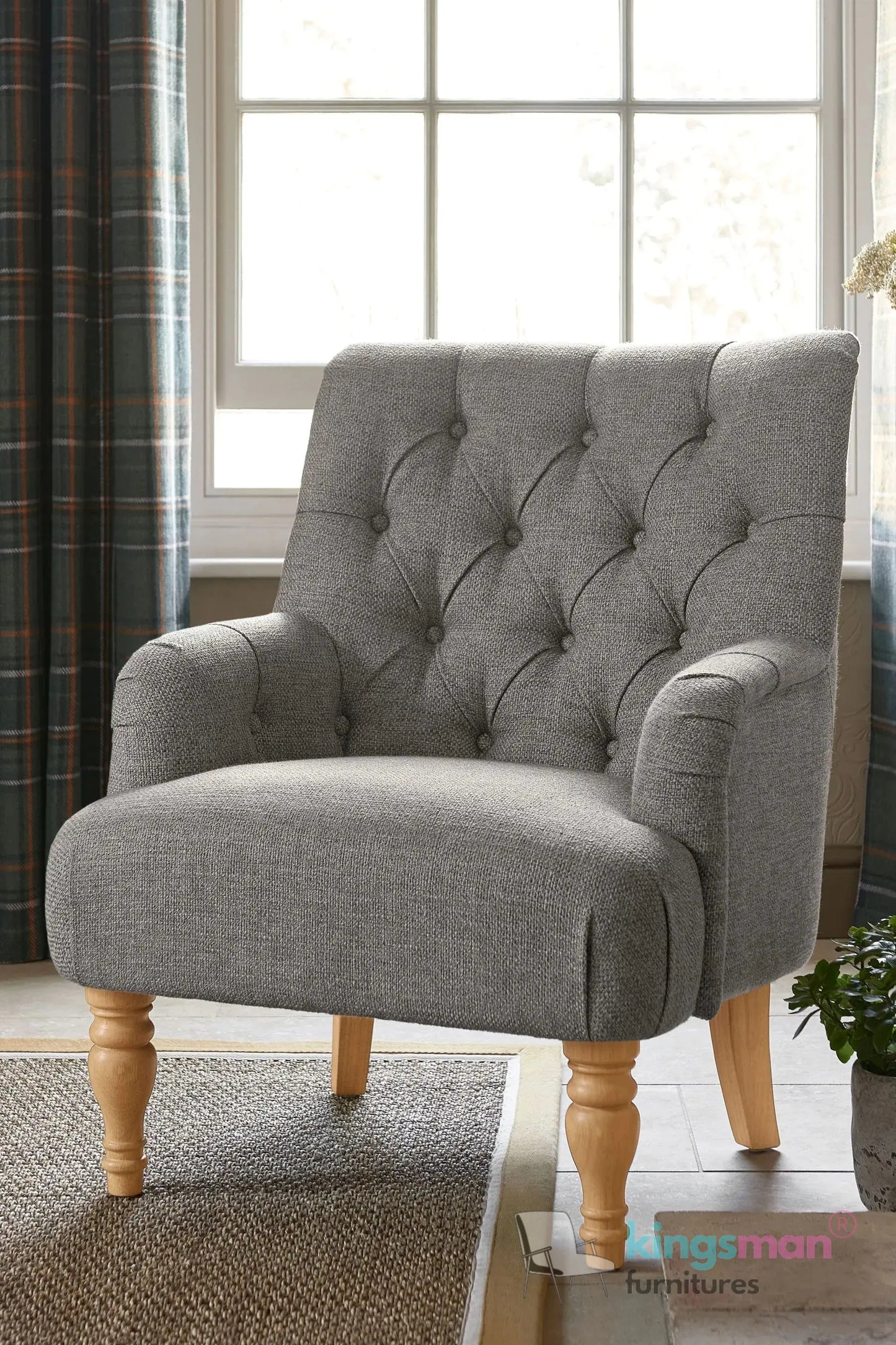Walter Upholstered Chair - Buttoned Back Modern Country Armchair with Turned Teak Wood Legs Kingsman Furnitures