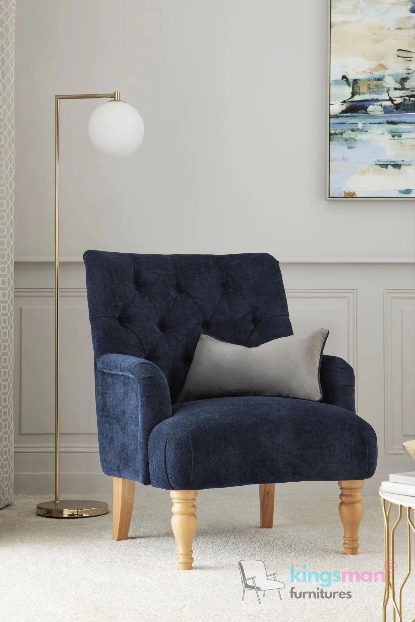 Walter Upholstered Chair - Buttoned Back Modern Country Armchair with Turned Teak Wood Legs Kingsman Furnitures