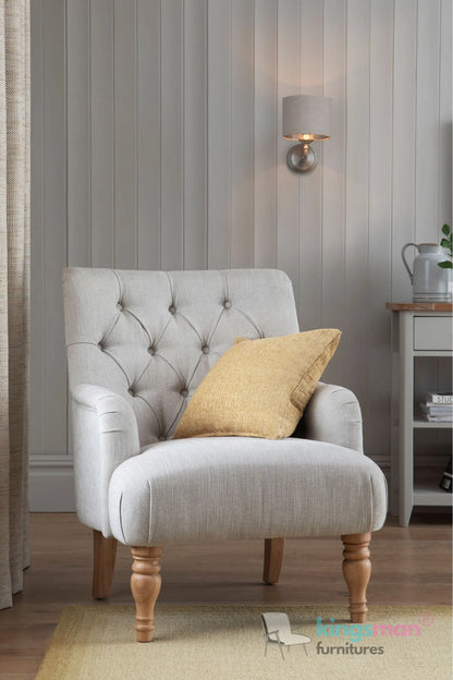 Walter Upholstered Chair - Buttoned Back Modern Country Armchair with Turned Teak Wood Legs Kingsman Furnitures