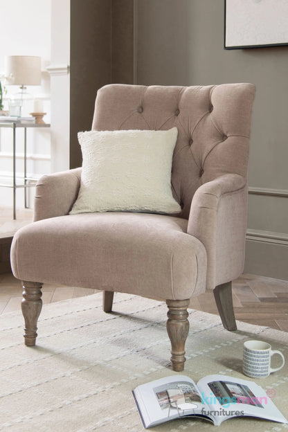 Walter Upholstered Chair - Buttoned Back Modern Country Armchair with Turned Teak Wood Legs Kingsman Furnitures