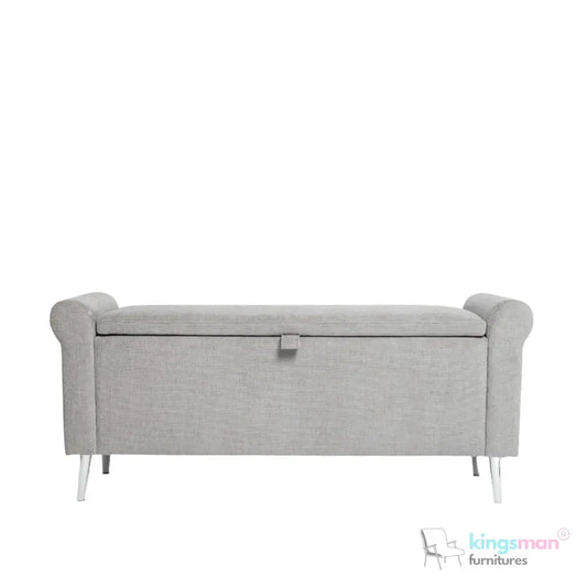 Dev Storage Ottoman - Upholstered Ottoman with Scrolled Arms, Mirrored Feet, and Deep Storage | Bedroom or Living Room Furniture - Kingsman Furnitures