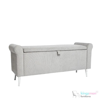 Dev Storage Ottoman - Upholstered Ottoman with Scrolled Arms, Mirrored Feet, and Deep Storage | Bedroom or Living Room Furniture - Kingsman Furnitures