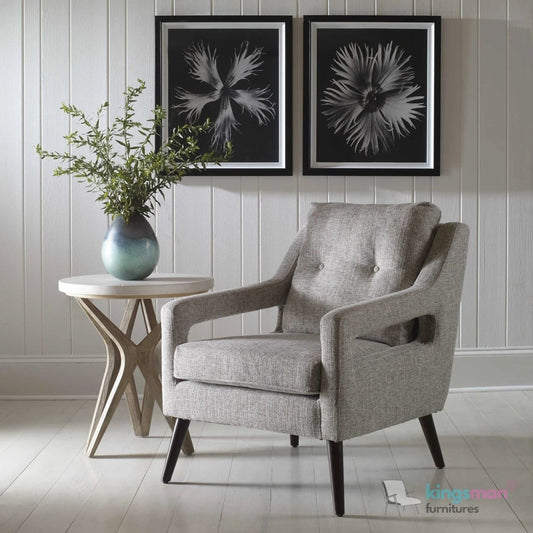 O'Brien Scandinavian Armchair - Stone Linen Blend with Dark Walnut Wood Legs - Kingsman Furnitures